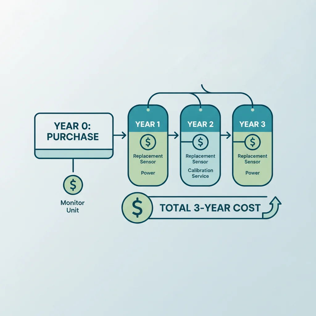 Infographic of air quality monitor total cost of ownership showing purchase replacement sensors calibration and power over three years