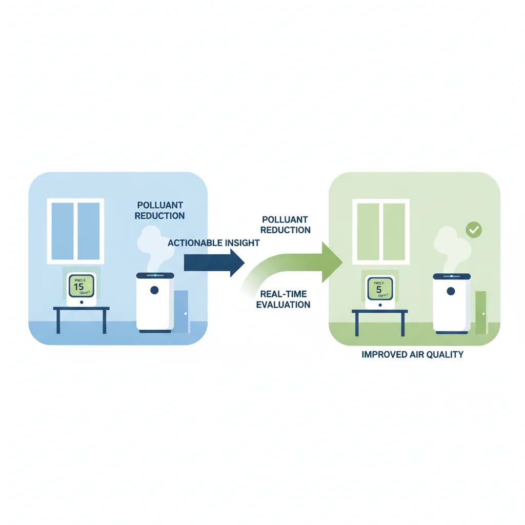 Air quality monitor practical pollutant reduction testing showing actionable insights and real air quality improvement evaluation