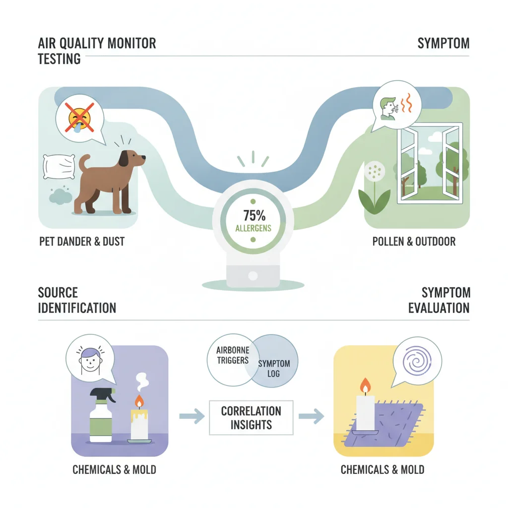 Air quality monitor testing for allergies and asthma showing allergen and irritant source identification and symptom correlation evaluation