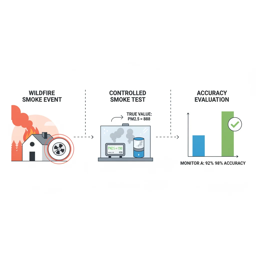 Air quality monitor wildfire smoke and PM2.5 testing showing smoke event monitoring and PM2.5 detection accuracy evaluation