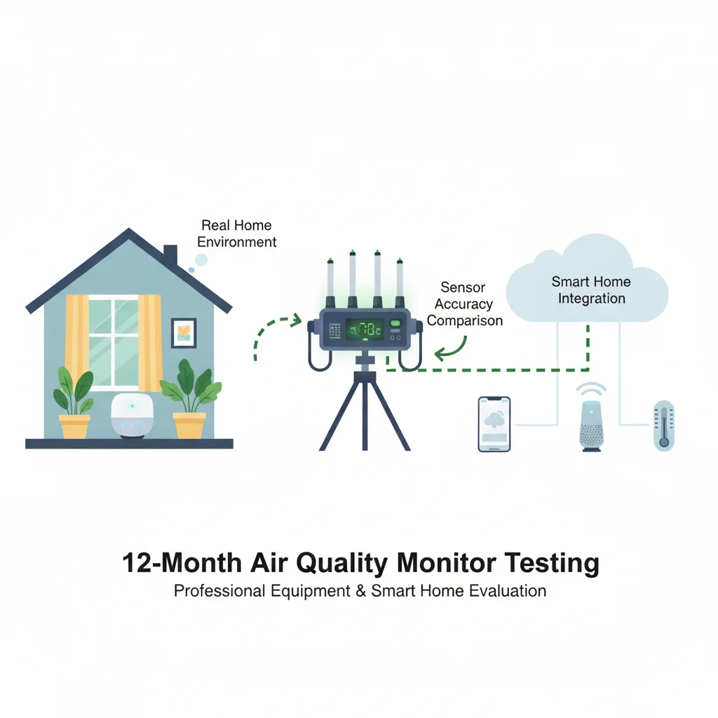 12-month air quality monitor testing in real homes showing sensor accuracy comparison with professional equipment and smart home integration evaluation