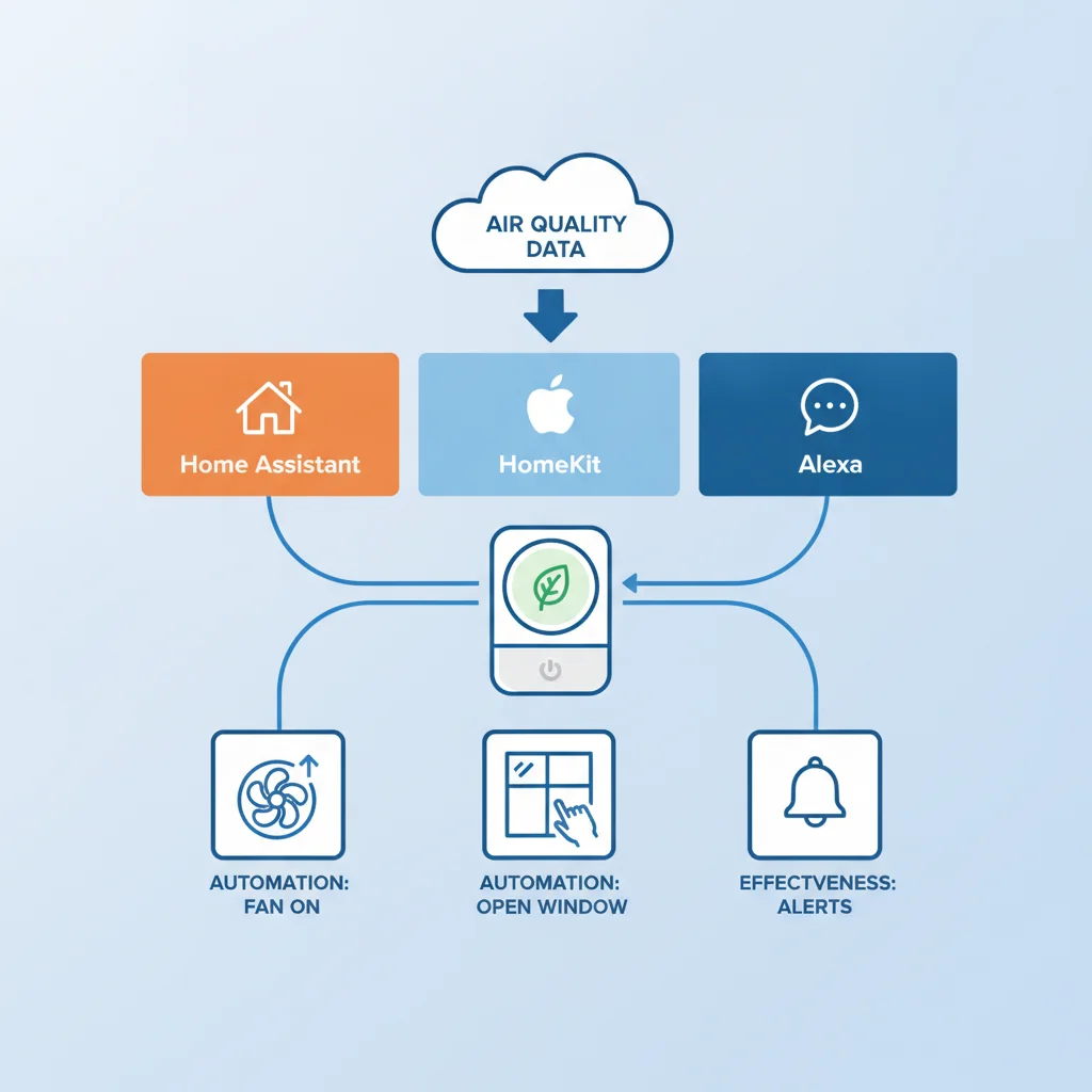 Air quality monitor smart home integration testing showing Home Assistant, HomeKit, and Alexa automation setup and effectiveness evaluation
