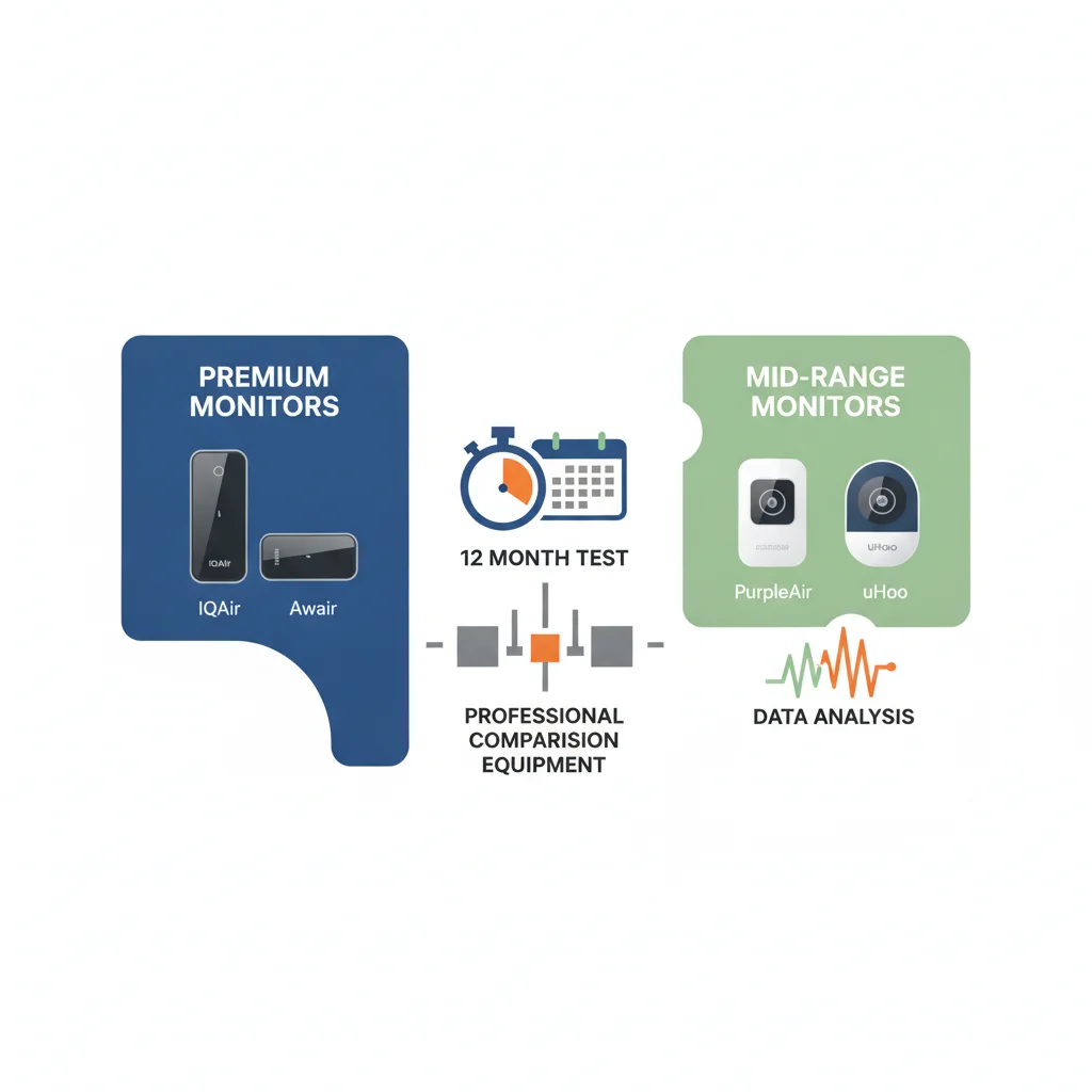 12-month premium vs mid-range air quality monitor test showing IQAir, PurpleAir, Awair, and uHoo monitors with professional equipment comparison