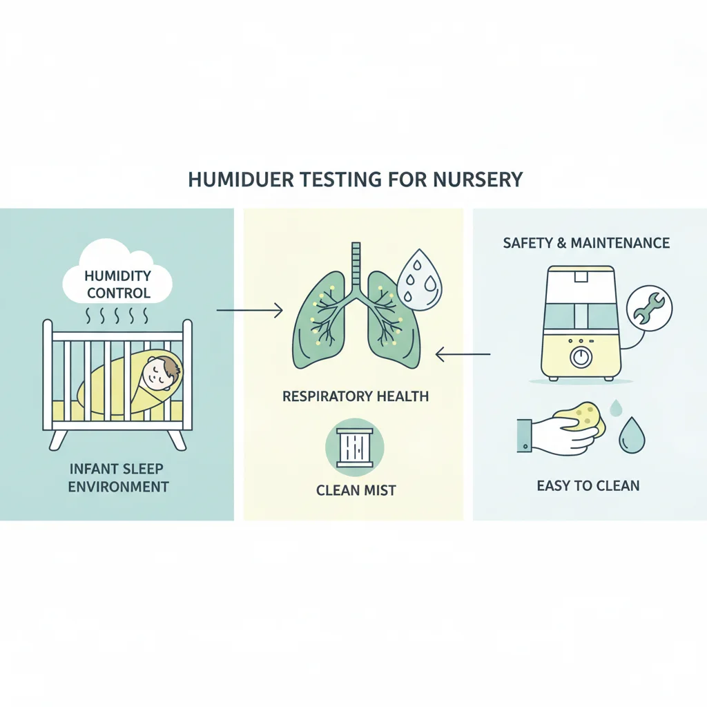 Humidifier testing for baby nursery use showing infant sleep environment, respiratory health considerations, and safety/maintenance evaluation