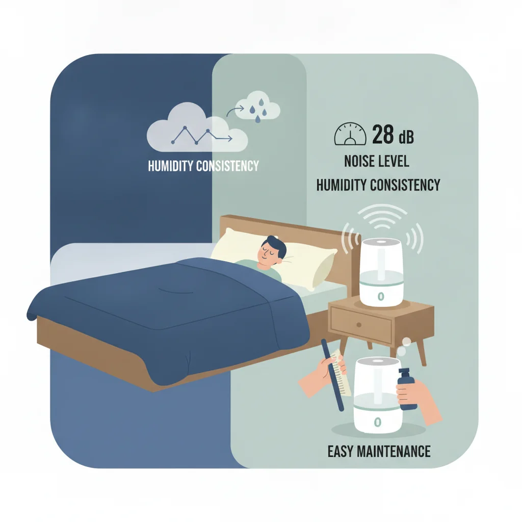 Humidifier testing for bedroom and sleep use showing noise level evaluation during sleep, humidity consistency, and maintenance assessment