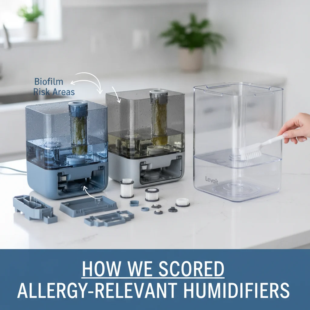 Disassembled smart humidifier tanks and wicks on a counter showing biofilm risk areas compared with a wide-mouth easy-clean Levoit reservoir
