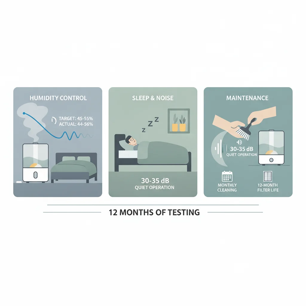 12-month smart humidifier testing in real bedrooms showing humidity control accuracy, noise level evaluation during sleep, and maintenance assessment