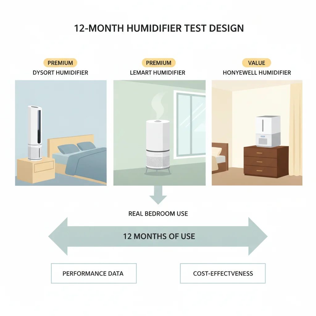 12-month premium vs value humidifier test showing Levoit, Dyson, and Honeywell smart humidifiers in real bedroom use
