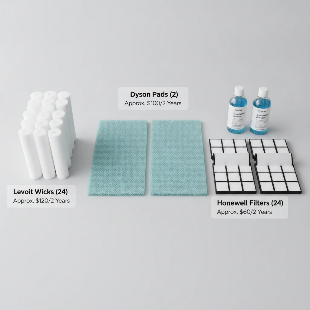 Two-year smart humidifier filter replacement cost comparison showing stacked Levoit wicks, Dyson evaporative pads, and Honeywell monthly filters next to descaler bottles
