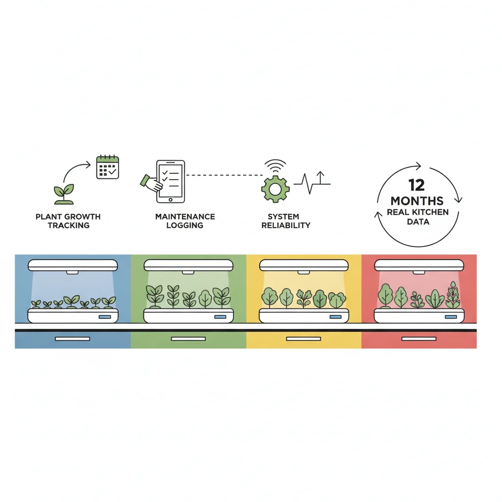 12-month smart indoor garden testing setup showing plant growth tracking, maintenance logging, and system reliability across four real kitchens