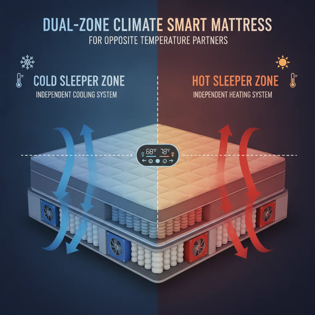 Diagram of dual-zone smart mattress for couples different temperatures showing hot and cold sleeper sides with independent climate settings