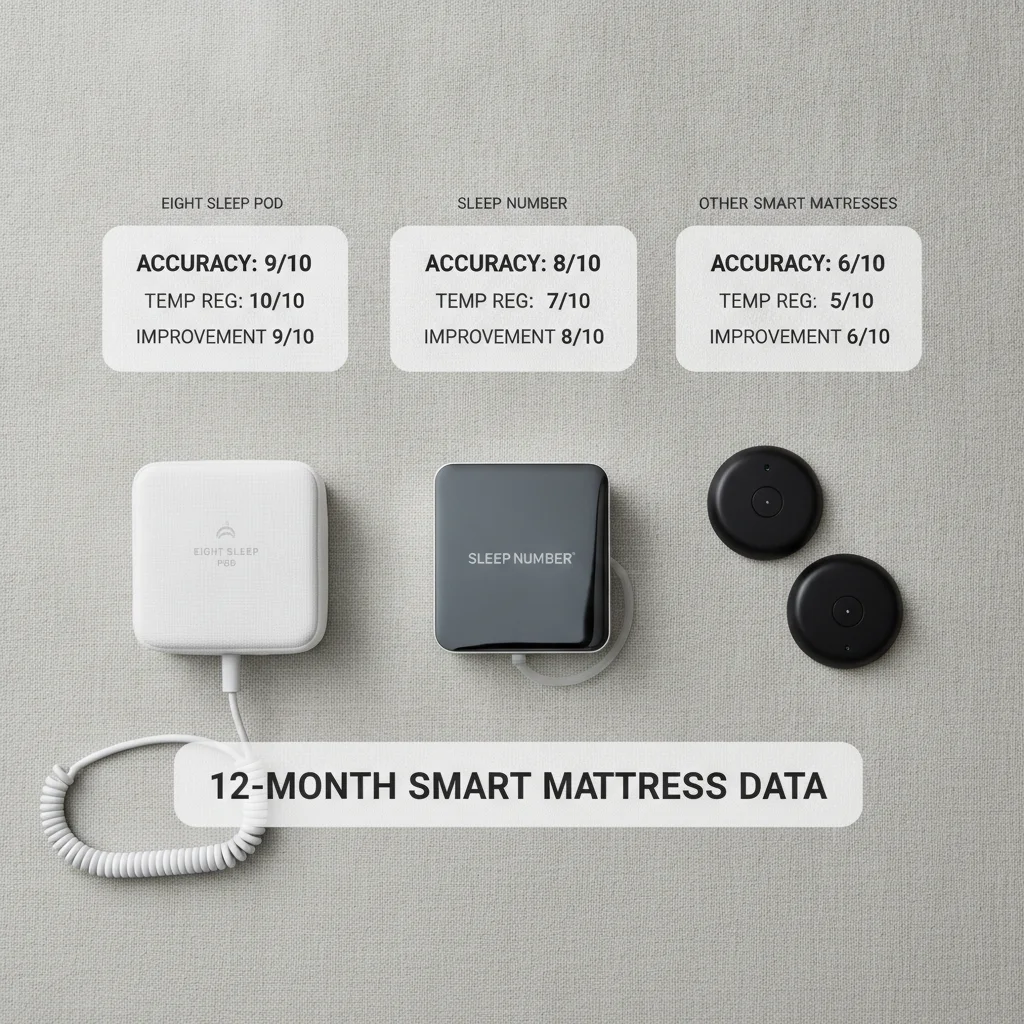 12-month comparison table of Eight Sleep Pod, Sleep Number, and other smart mattresses on sleep tracking accuracy, temperature regulation, and overall sleep improvement