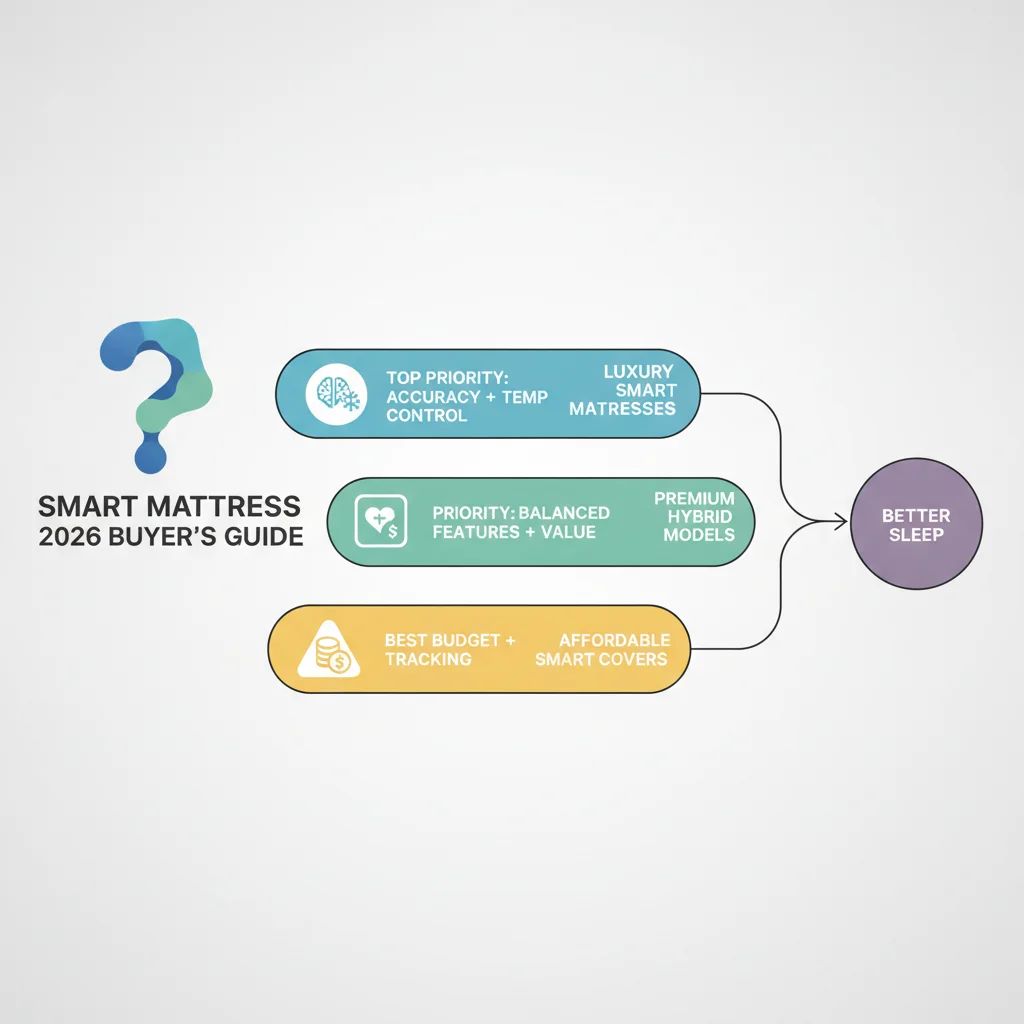 Decision guide for choosing smart mattresses based on priorities for sleep tracking accuracy, temperature regulation, and budget