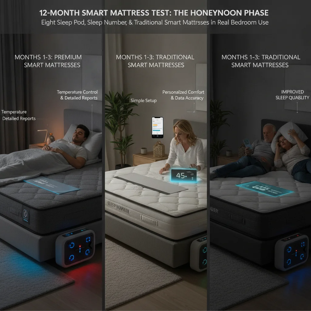 12-month premium vs traditional smart mattress test showing Eight Sleep Pod, Sleep Number, and traditional smart mattresses in real bedroom use