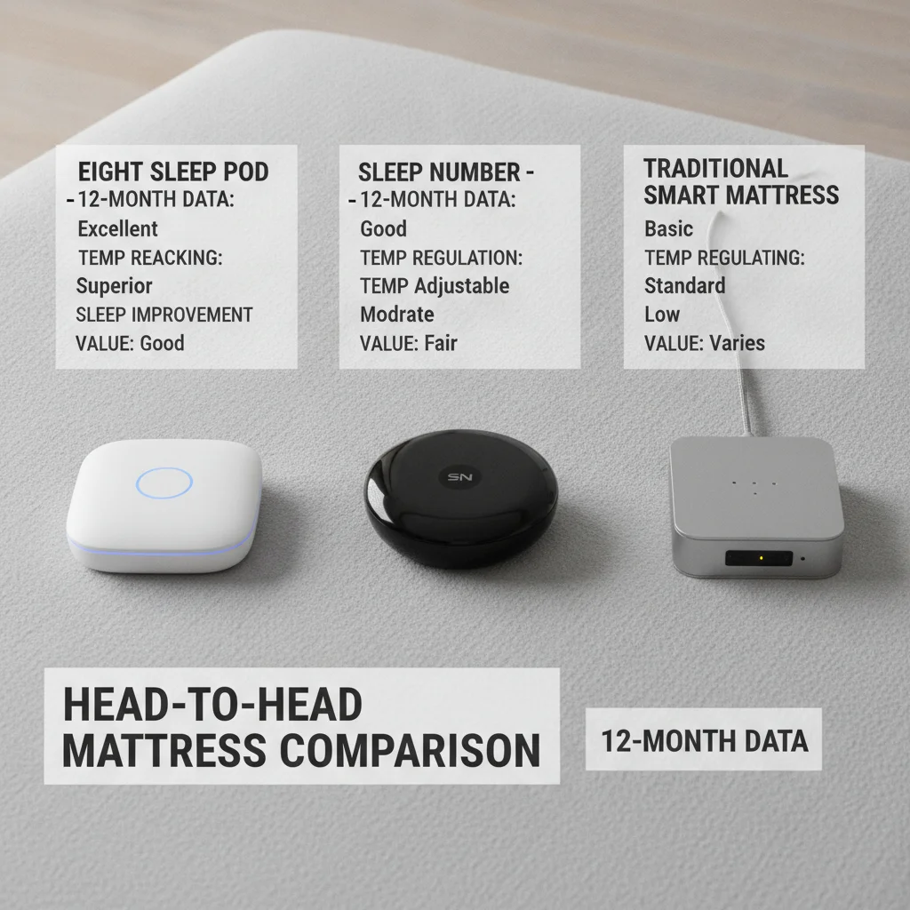 12-month comparison table of Eight Sleep Pod, Sleep Number, and traditional smart mattresses on sleep tracking, temperature regulation, sleep improvement, and value