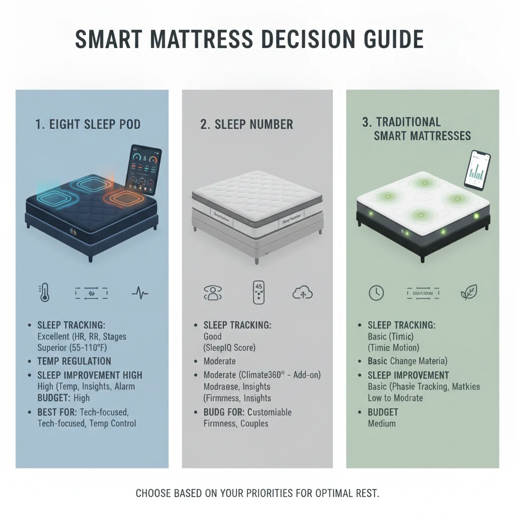 Decision guide for choosing between Eight Sleep Pod, Sleep Number, and traditional smart mattresses based on priorities for sleep tracking, temperature regulation, sleep improvement, and budget
